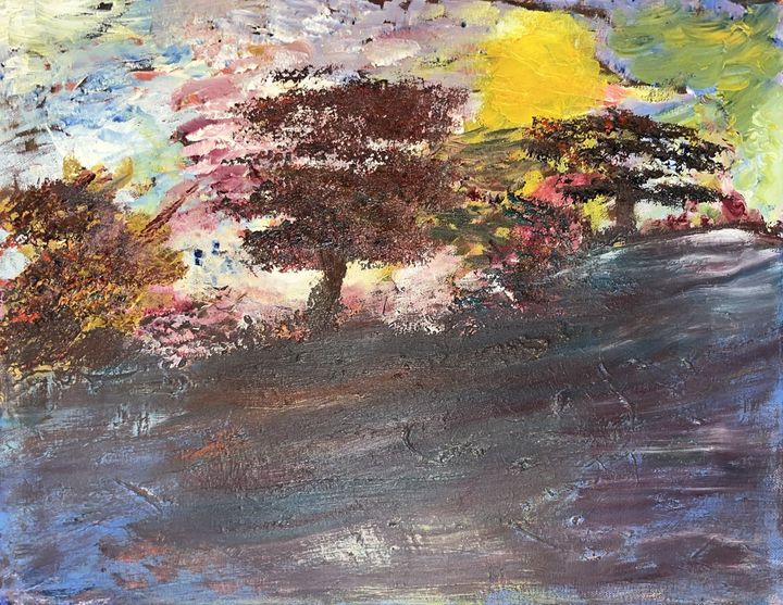 Oil painting of autumn trees on a hill under a yellow sun