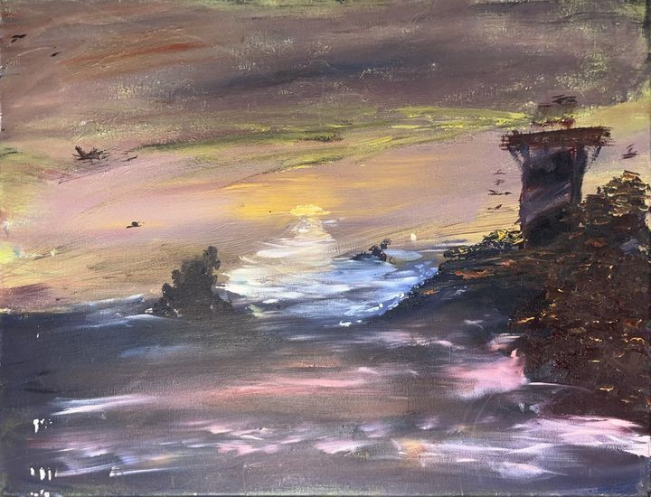 Oil painting of a lighthouse tower on a wooded cliff above a purple sunset sea