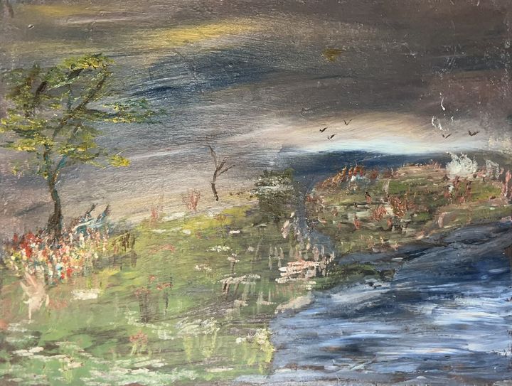 Oil painting of a wildflower meadow with a lone tree beside a river