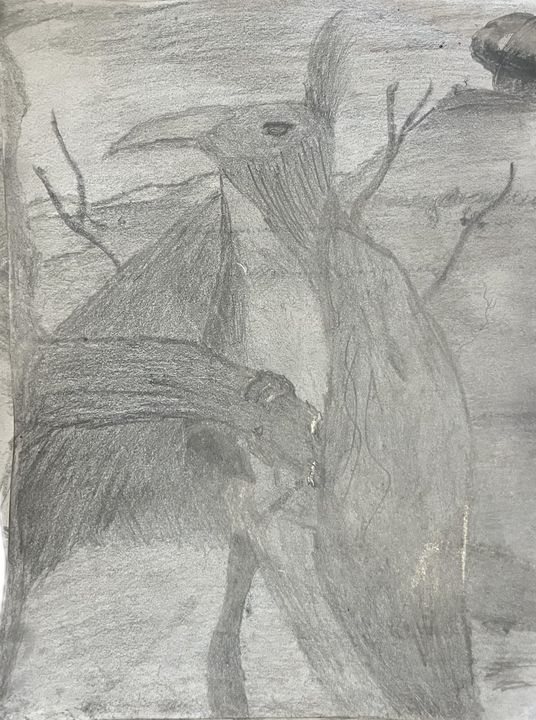 Pencil sketch of a raven-like bird creature beside bare branches