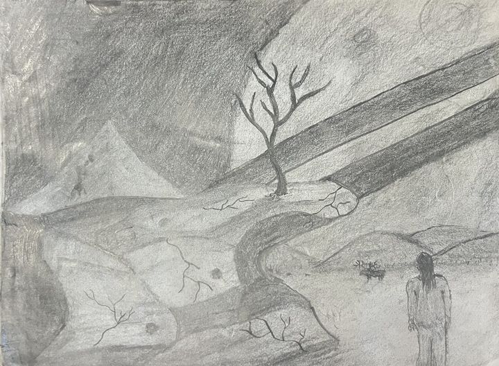 Pencil sketch of a dead tree on a cracked path with a tall long-haired figure standing at right