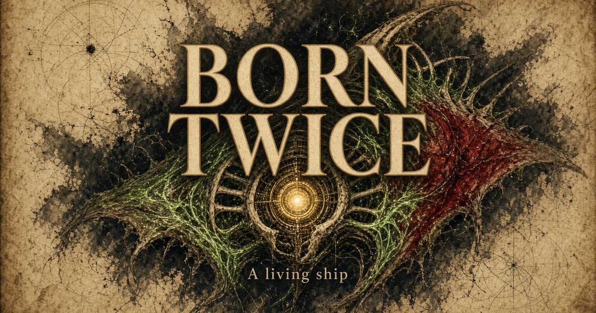 Title art for the Born Twice game: a living ship with a glowing core