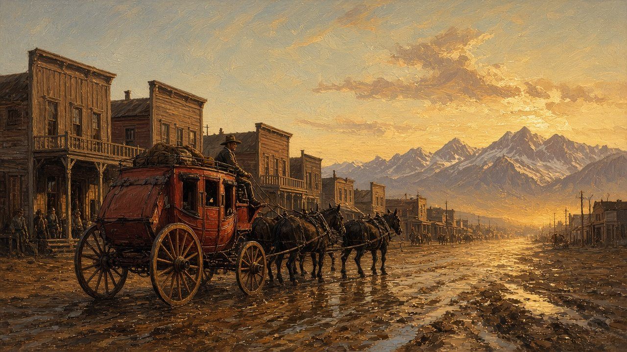 Image art: a stagecoach at sunset in a frontier town