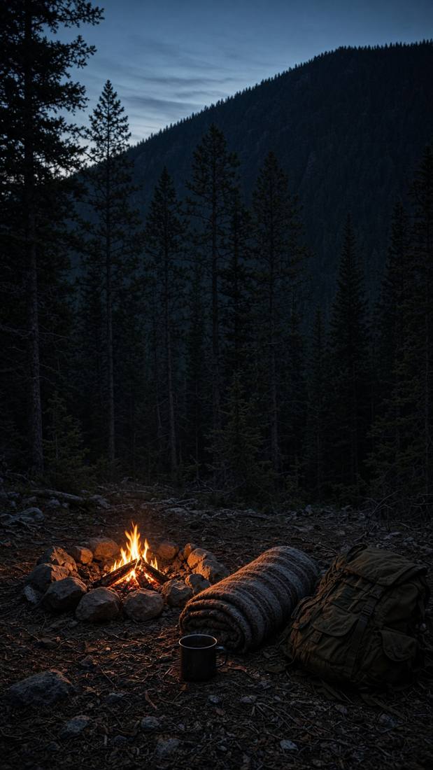 A campfire at dusk below a dark forested mountain